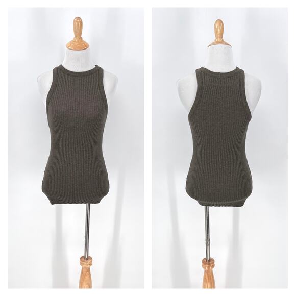 ENZA COSTA Ribbed Cashmere Racer Tank Womens Medium Green Brown NEW